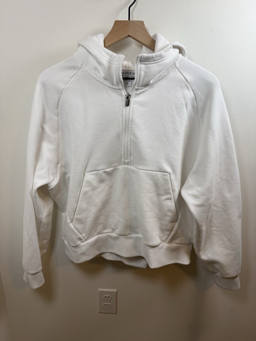 Athleta Size XL White Hooded 1/4 Zip Forever Fleece Hoodie Sweatshirt Pullover